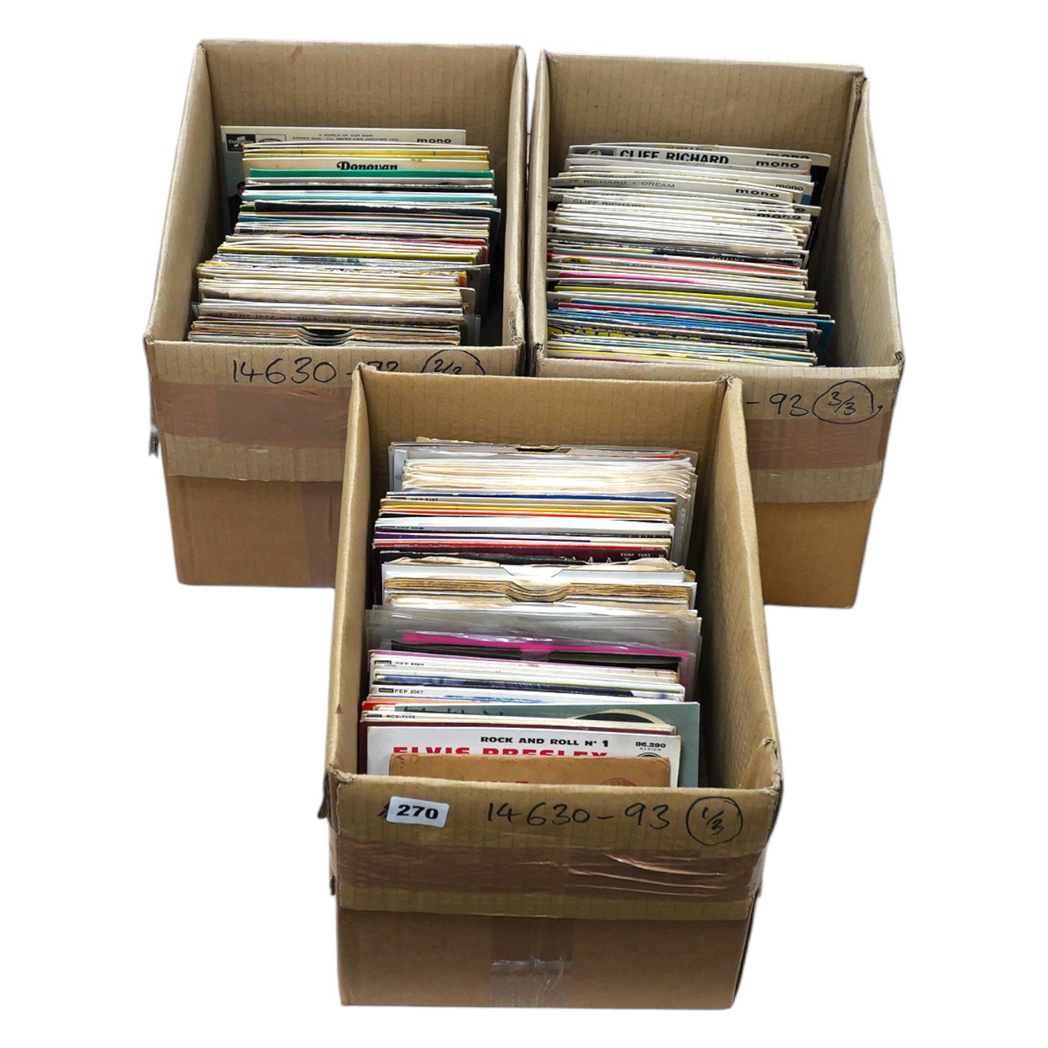 Three boxes of 7 inch singles, on various record labels including; Columbia, Decca, CBS, Phillips, etc., artists include; Helen Shapiro Frank Sinatra, Cliff Richard, the Tornadoes, the Searchers, Simon & Garfunkel, the E